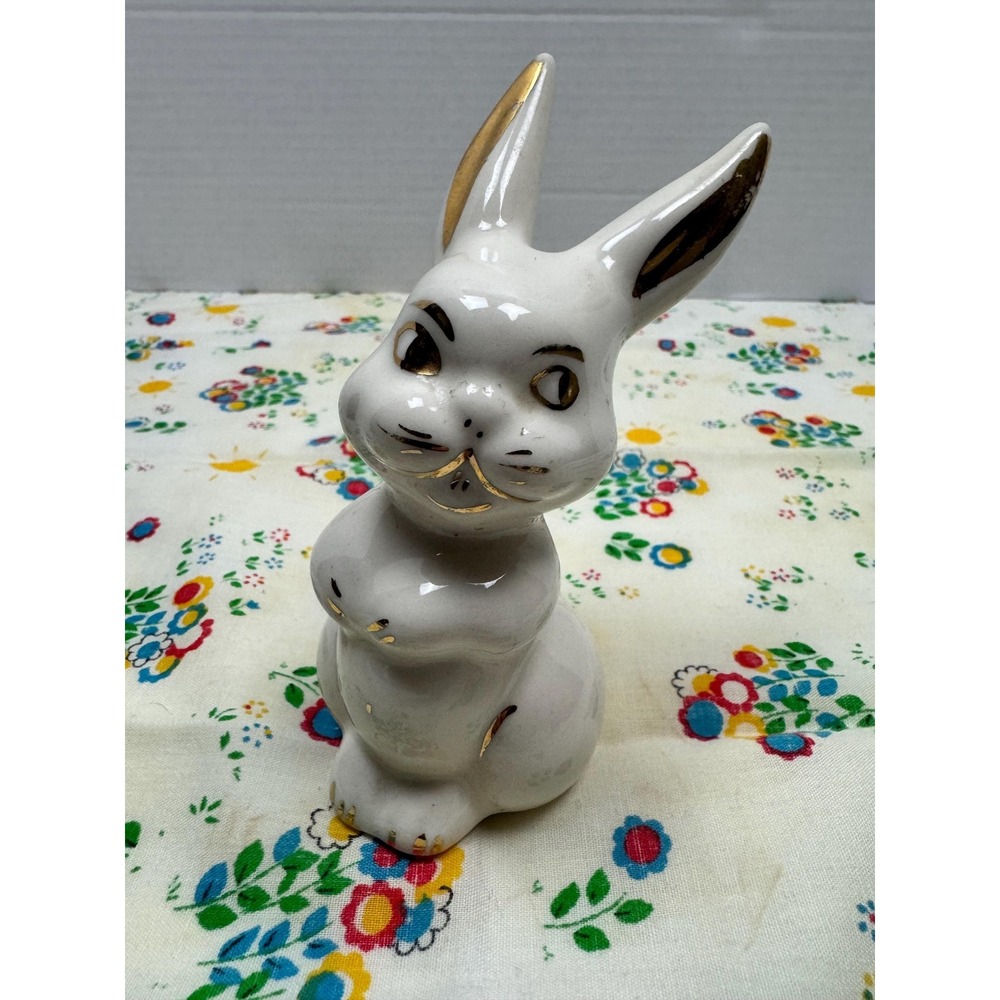 Vintage Ceramic Bunny Figurine: Gold Gilt Accents,‎ Cotton Ball Dispenser Kitsch